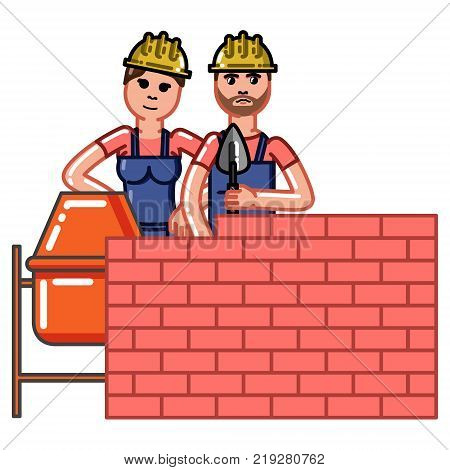Builder build a brick wall and partner helps to knead concrete. Vector sketch cartoon illustration.