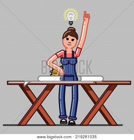 Builder exploring the drawings and finds a solution. Vector sketch cartoon illustration.