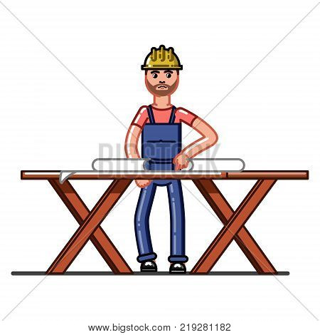 Builder exploring the drawings. Vector sketch cartoon illustration.