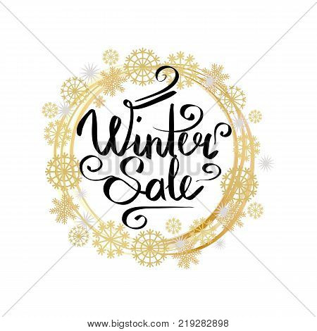Winter sale poster in decorative frame made of silver and golden snowflakes and round circles, snowballs of gold in x-mas border isolated on white vector