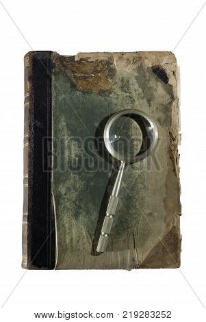 ancient books book with a cracked leather spine and green patterned binding isolated