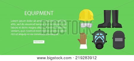 Equipment advertising web banner vector illustration. Helmet and protective eyegasses, waterproof boots and fireproof gloves, face mask and headgear
