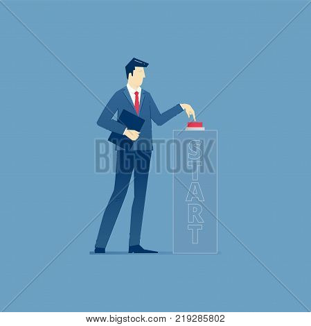 Businessman pushing a red start button and launching a business startup. Vector illustration of a project launch. Isolated on blue background