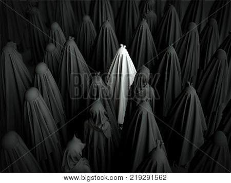 Muslim women wearing black burkas standing together. 3d illustration