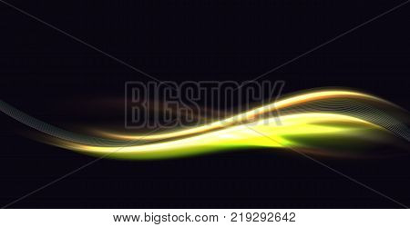 Green neon swirl line in motion. Vector glowing curved and transparent frame with magic sparkles on dark texture of wall. Lighting abstract element with burst and glitter