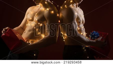 Call boys or sexy athlete men at xmas. Twins santa with muscular body in garland. Young men hold present for girls. Christmas party and sex games. New year strip and gifts for adults.
