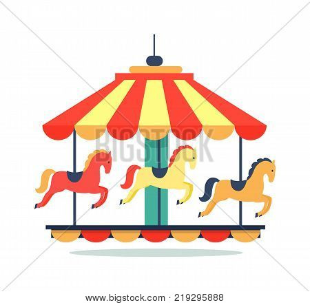 Bright carousel icon isolated on white background. Vector illustration with rotating colorful bright childish merry-go-round with horses and saddles