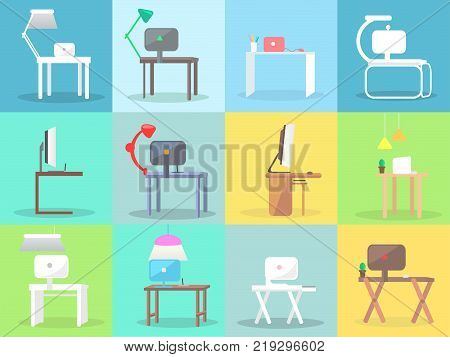 Modern workplaces with table and computer set. Classic and futuristic desks and tables with monitors and lamps on it flat vectors. Collection of comfortable wooden and plastic furniture illustrations