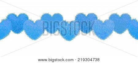 Vector colorful illustration of decortive elements with blue colored pompoms in shape of heart garland isolated on white background. Decor for Valentines day or baby shower design. Seamless pattern