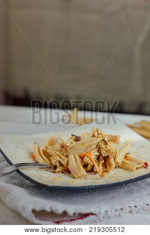 Yuba or fuju salad in a white bamboo plate