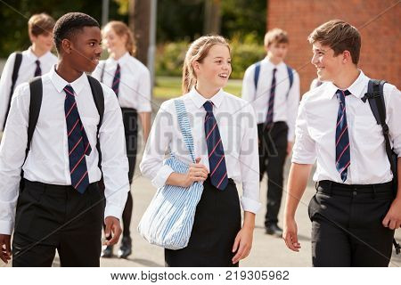 Group Of Teenage Students In Uniform Outside School Buildings