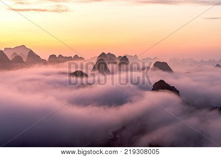 image of dawn and fog, mountains, river and rice field at Trung Khanh town, Cao Bang province, Vietnam.