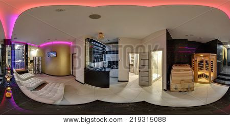 MINSK BELARUS - APRIL 20 2016: Panorama interior of modern spa beauty saloon. Full spherical 360 by 180 degrees seamless panorama in equirectangular projection. VR content