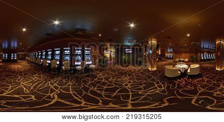 MINSK BELARUS - FEBRUARY 14 2011: Panorama of interier hall luxury casino full 360 seamless panorama in equirectangular spherical projection skybox VR content