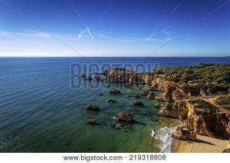 Aerial view of the Alemao Beach in Portimao Algarve Portugal Concept for travel in Portugal and summer vacations in Portugal