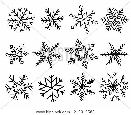 Set of different hand-drawn snowflakes. vector illustration