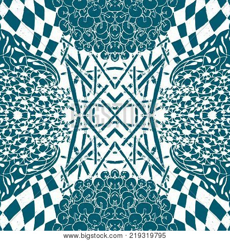Seamless aqua tile with lacy patterns. Hand drawing in the style of sentangle. Suitable for sheathing or wrapping