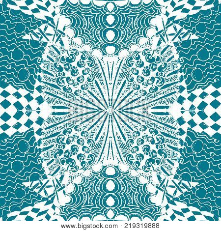 Seamless aqua tile with lacy patterns. Hand drawing in the style of sentangle. Suitable for sheathing or wrapping