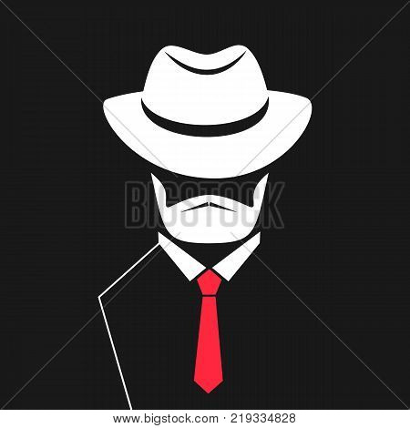 A man with a beard in a hat, tie. Logo for barbershop, men's store.