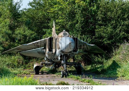 TIMISOARA ROMANIA - JULY 20 2013: Open doors festival. Air show at the Traian Vuia airport. Old weathered Mikoyan-Gurevich MiG-23MF