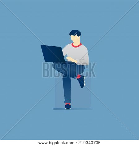 Remote work illustration of male character sitting and working on computer. Vector outsource and freelance concept for banners, info graphics or landing pages of website.