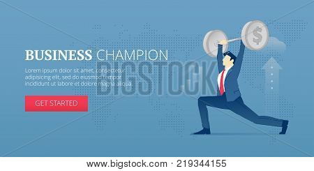 Vector banner template of business character pushing barbell with money symbols on barbell weight plates. Financial vector concept for banners, infographics, landing pages of website or print design