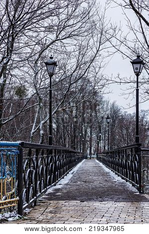 Narrow bridge in winter park in Kiev