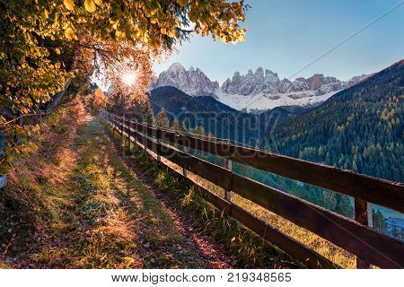 Sunny morning scene the Santa Maddalena village's slopes in front of the Geisler or Odle Dolomites Group. Colorful autumn landscape in Dolomite Alps Italy Europe. Artistic style post processed photo.