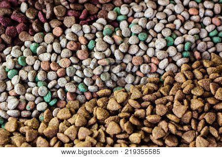 Dry pet food background - three kinds. Meat.
