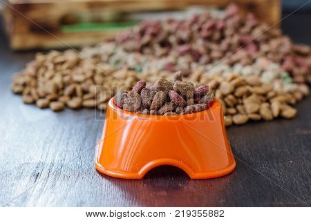 Orange bowl with dry pet food on black background