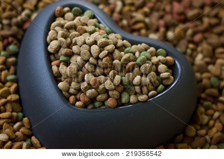 dry pet food in plastic heart bowl