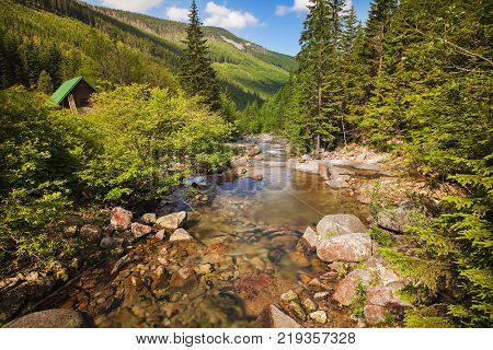 River Elbe in the beginning of journey in Krkonose national park, Czech Republic
