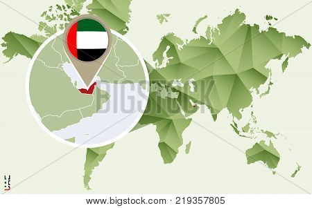Infographic for United Arab Emirates detailed map of UAE with flag. Vector Info graphic green map.