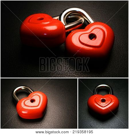Romantic love background. Red  padlock on a black background. Photocollage.