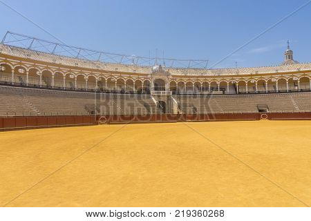 SEVILLE,SPAIN-AUGUST 7,2017:nside the Plaza de toros de la Real Maestranza de Caballería de Sevilla in Spain.