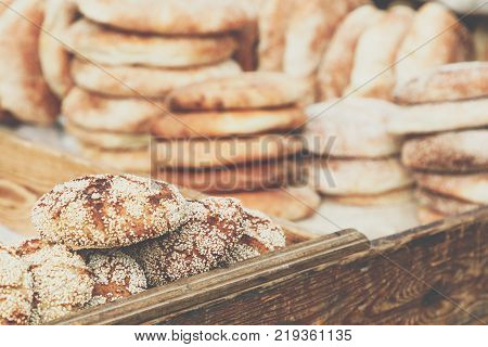 Typical Traditional Moroccan Bread Sesame Seeds On Street Food Stall, Marrakesh, Morocco