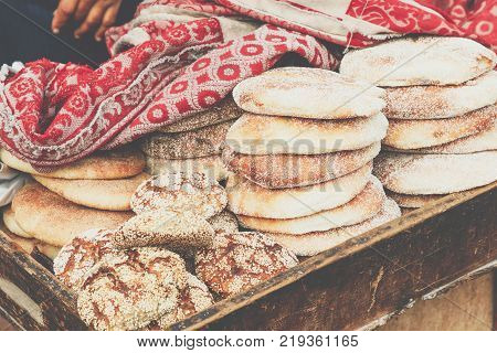 Typical Traditional Moroccan Bread Sesame Seeds On Street Food Stall, Marrakesh, Morocco