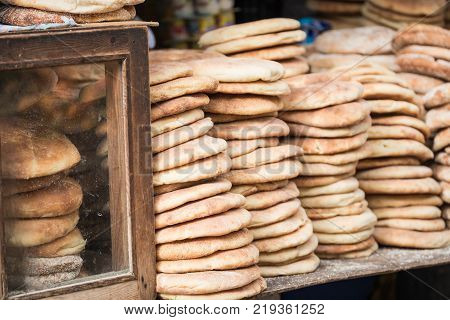 Typical Traditional Moroccan Bread On Street Food Stall, Marrakesh, Morocco