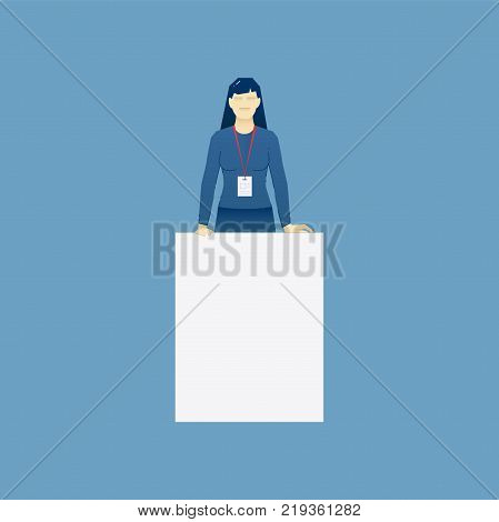 Vector illustration of business woman character with an exhibition badge and lanyard standing behind the exhibition counter. Vector concept for banners, infographics or landing pages of website