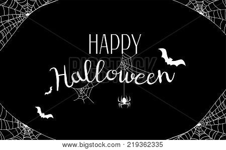Bat and spider silhuette with white spiderweb on black background. Happy Halloween lettering text for greeting card. Vector illustration