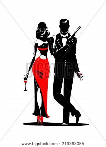 Secret Agent with gun and glass. Woman in red turned his back to us. Vector illustration
