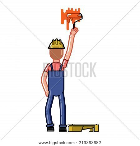 Builder paint a wall with a roller. Vector sketch cartoon illustration.