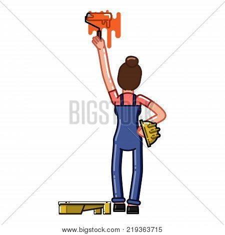 Builder paint a wall with a roller. Vector sketch cartoon illustration.