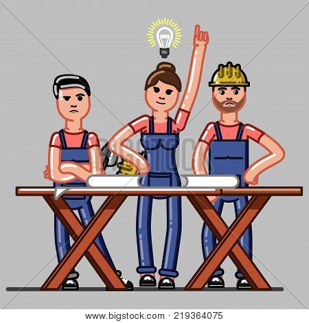 Builders crew exploring the drawings and one of them finds a solution. Vector sketch cartoon illustration.