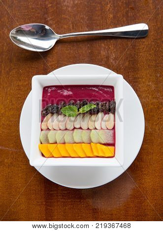Healthy breakfast concept. fruit smothie. Delicious colorfull breakfast