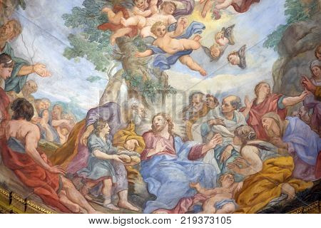 ROME, ITALY - SEPTEMBER 03: The fresco of The Miracle of Multiplication on the main apse of Basilica di Sant Andrea delle Fratte, Rome, Italy on September 03, 2016.