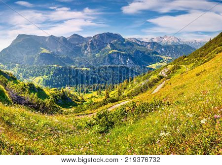 View from top of cableway above the Konigsee lake on Schneibstein mountain ridge. Colorful summer morning on a border of Germany and Austrian Alps. Berchtesgaden location Bavaria Germany Europe.