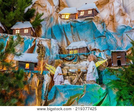 TERNOPIL UKRAINE - JUN 3 2017: Christmas nativity scene in Church of Saints Peter and Paul in Ternopil. A scene from the biblical story of the birth of Jesus Christ.