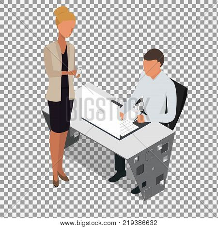 Isometric business people concept. man studding. Isometric office: table, laptop, books, notebook. Isolated on white background. - stock vector