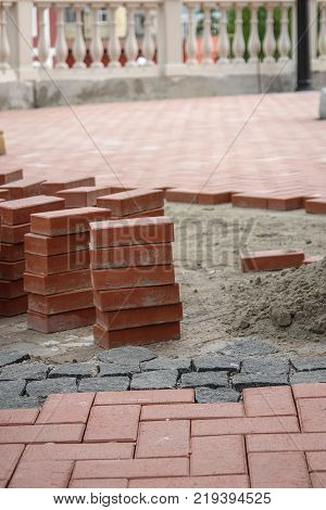 Sidewald or pavement costruction with the red bricks